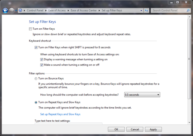 Ease of Access setting Filter Keys