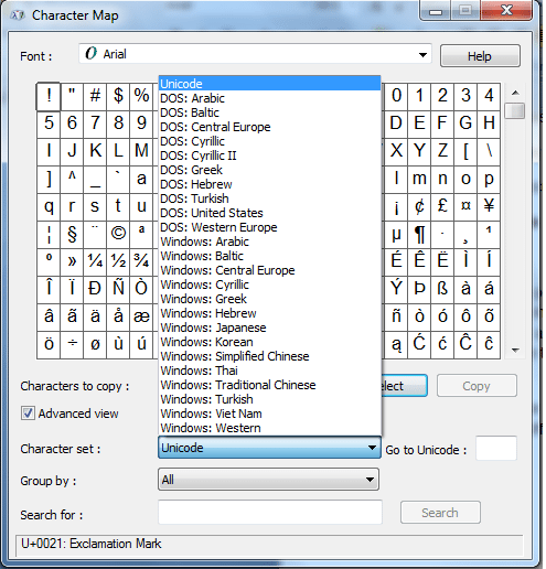 Windows 1.0 Character Map Symbols