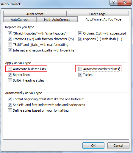 Disable Automatic Numbering in Word 
